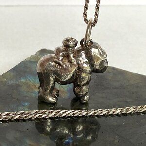 Sterling Silver 925 3D Gorilla Chimp Mama & Baby Figural Pendant Necklace 24"